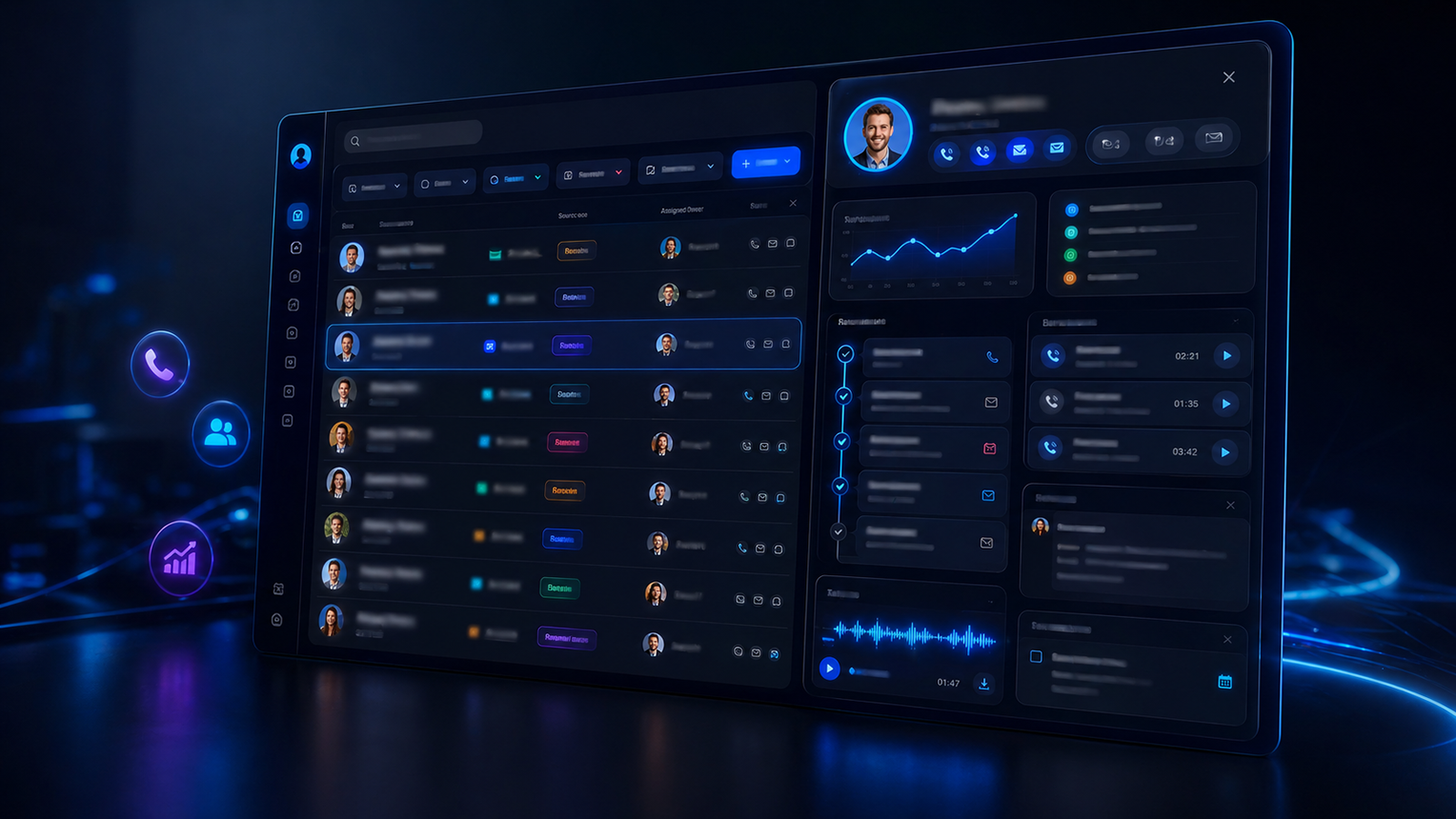 CallToSales CRM paneli, lead listesi ve ses kayıtları alanı